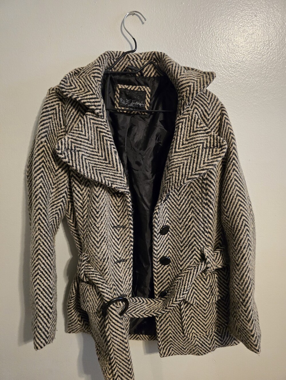 Daytrip Black & Cream Herringbone Peacoat